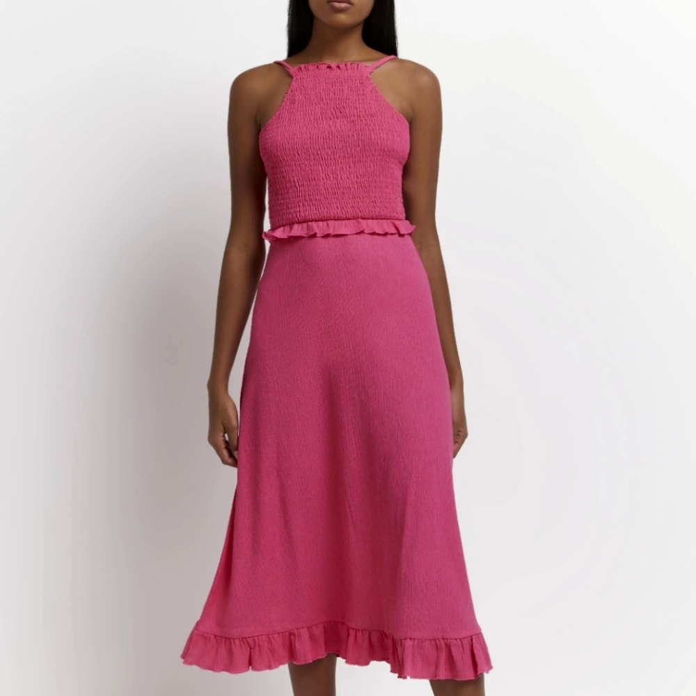 River Island Tie Back Cut Out Hot Pink Midi Dress Beachy Ruffled Trim Strappy M